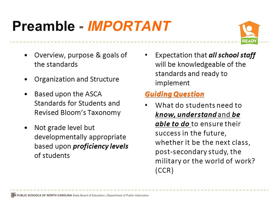 Preamble - IMPORTANT Overview, purpose & goals of the standards Organization and Structure Based upon the ASCA Standards for Students and Revised Bloom’s Taxonomy Not grade level but developmentally appropriate based upon proficiency levels of students Expectation that all school staff will be knowledgeable of the standards and ready to implement Guiding Question What do students need to know, understand and be able to do to ensure their success in the future, whether it be the next class, post-secondary study, the military or the world of work.