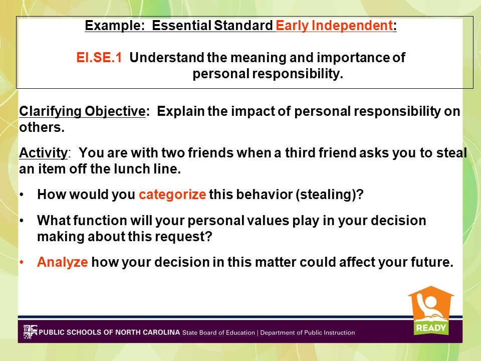 Example: Essential Standard Early Independent: EI.SE.1 Understand the meaning and importance of personal responsibility.