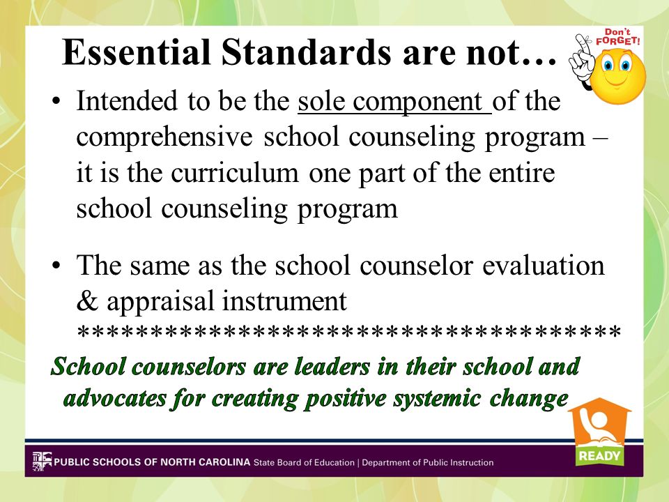 Essential Standards are not… Intended to be the sole component of the comprehensive school counseling program – it is the curriculum one part of the entire school counseling program The same as the school counselor evaluation & appraisal instrument *************************************
