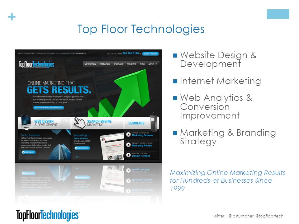 + Top Floor Technologies Website Design & Development Internet Marketing Web Analytics & Conversion Improvement Marketing & Branding Strategy Maximizing Online Marketing Results for Hundreds of Businesses Since