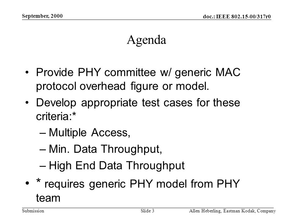 doc.: IEEE /317r0 Submission September, 2000 Allen Heberling, Eastman Kodak, CompanySlide 3 Agenda Provide PHY committee w/ generic MAC protocol overhead figure or model.