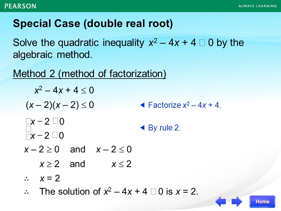 ∴ x = 2 Special Case (double real root) Solve the quadratic inequality x 2 – 4x + 4  0 by the algebraic method.