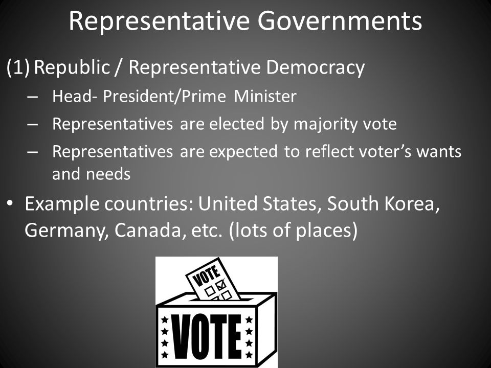 Representative Governments (1)Republic / Representative Democracy – Head- President/Prime Minister – Representatives are elected by majority vote – Representatives are expected to reflect voter’s wants and needs Example countries: United States, South Korea, Germany, Canada, etc.
