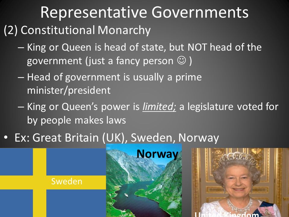Representative Governments (2) Constitutional Monarchy – King or Queen is head of state, but NOT head of the government (just a fancy person ) – Head of government is usually a prime minister/president – King or Queen’s power is limited; a legislature voted for by people makes laws Ex: Great Britain (UK), Sweden, Norway Sweden United Kingdom