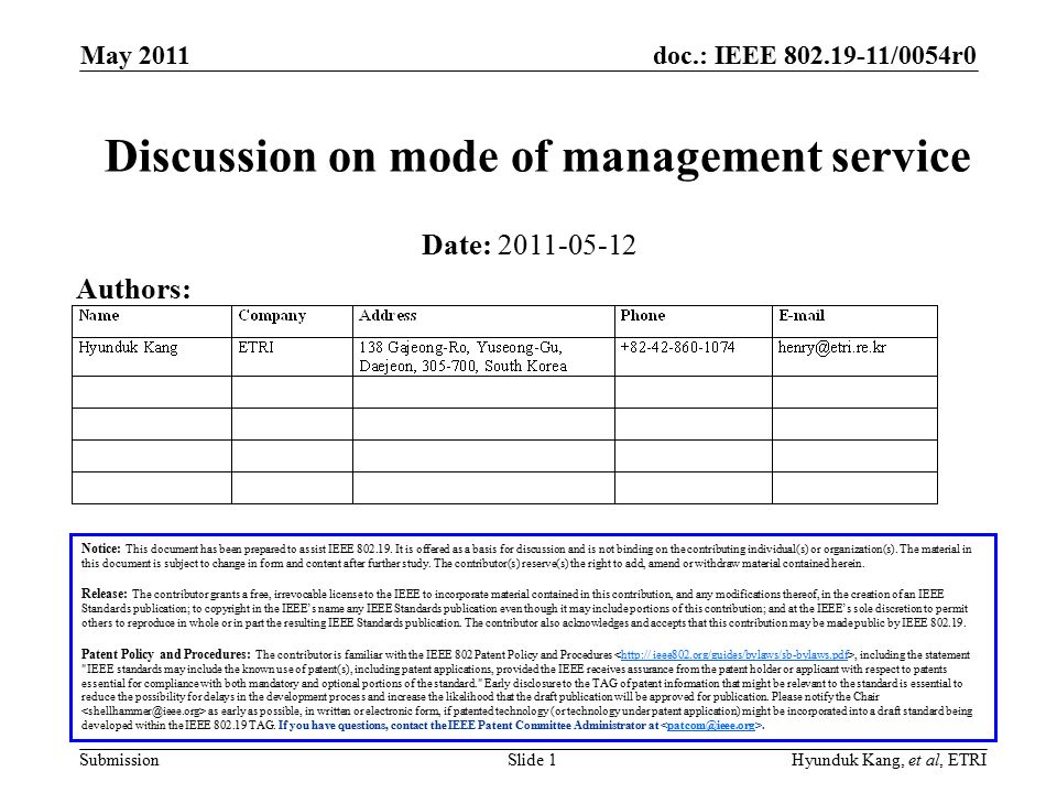 doc.: IEEE /0054r0 Submission May 2011 Slide 1Hyunduk Kang, et al, ETRI Discussion on mode of management service Notice: This document has been prepared to assist IEEE