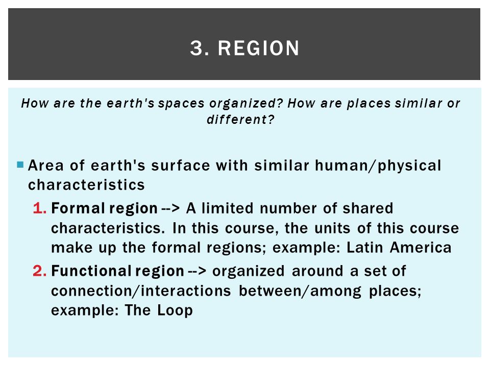 How are the earth s spaces organized. How are places similar or different.