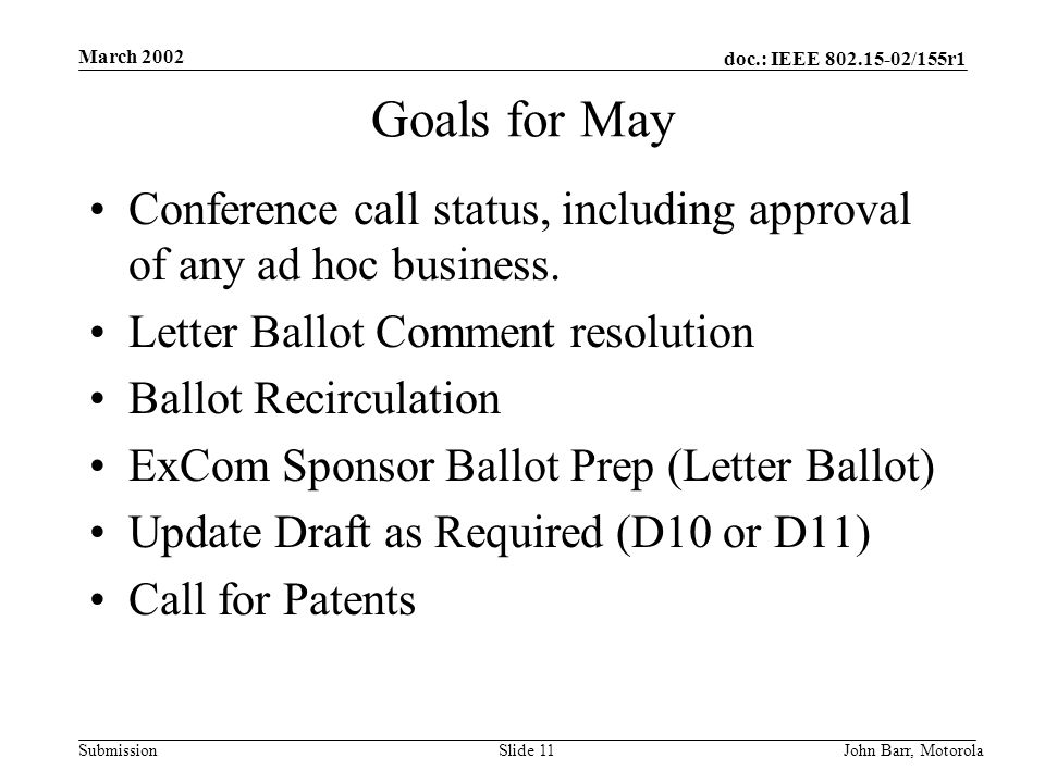 doc.: IEEE /155r1 Submission March 2002 John Barr, MotorolaSlide 11 Goals for May Conference call status, including approval of any ad hoc business.