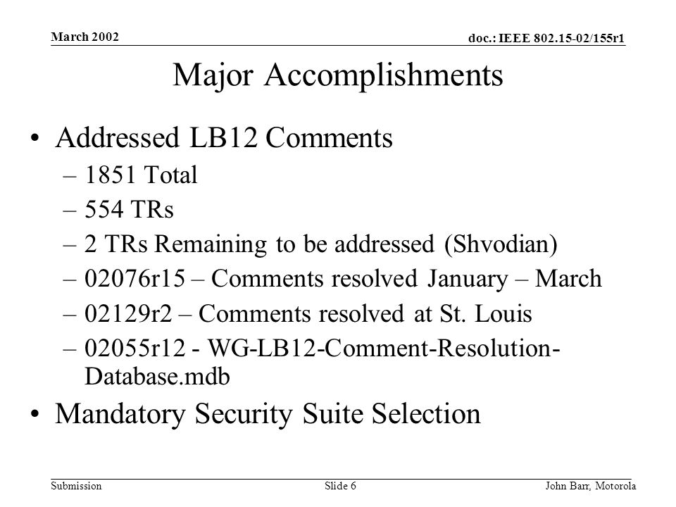 doc.: IEEE /155r1 Submission March 2002 John Barr, MotorolaSlide 6 Major Accomplishments Addressed LB12 Comments –1851 Total –554 TRs –2 TRs Remaining to be addressed (Shvodian) –02076r15 – Comments resolved January – March –02129r2 – Comments resolved at St.