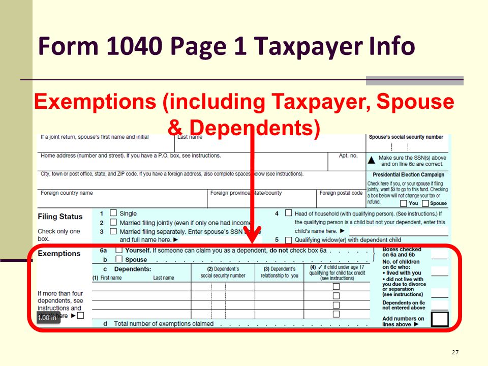 Form 1040 Page 1 Taxpayer Info 27 Exemptions (including Taxpayer, Spouse & Dependents)