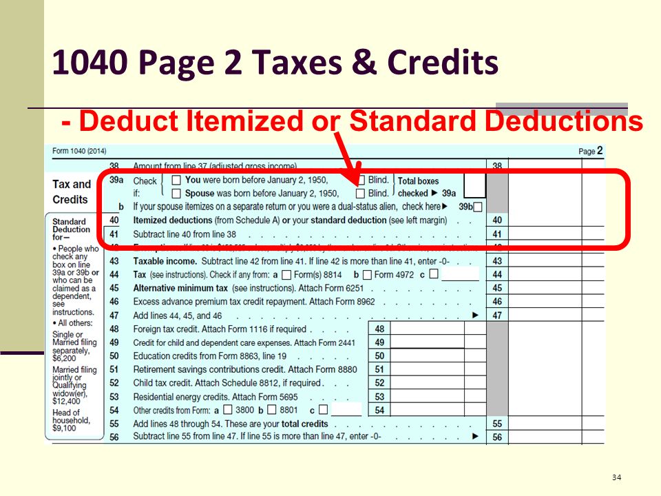 1040 Page 2 Taxes & Credits 34 - Deduct Itemized or Standard Deductions