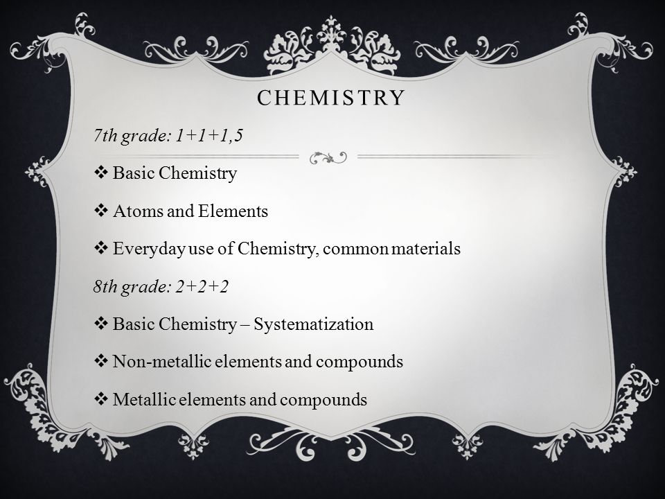CHEMISTRY 7th grade: 1+1+1,5  Basic Chemistry  Atoms and Elements  Everyday use of Chemistry, common materials 8th grade:  Basic Chemistry – Systematization  Non-metallic elements and compounds  Metallic elements and compounds