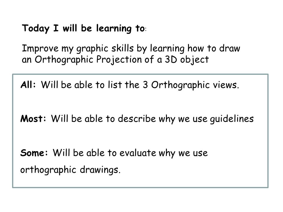 Today I will be learning to : Improve my graphic skills by learning how to draw an Orthographic Projection of a 3D object All: Will be able to list the 3 Orthographic views.