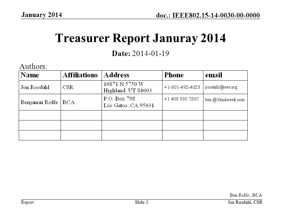 Report doc.: IEEE January 2014 Jon Rosdahl, CSRSlide 2Jon Rosdahl, CSRSlide 2 Treasurer Report Januray 2014 Date: Authors: Ben Rolfe, BCA