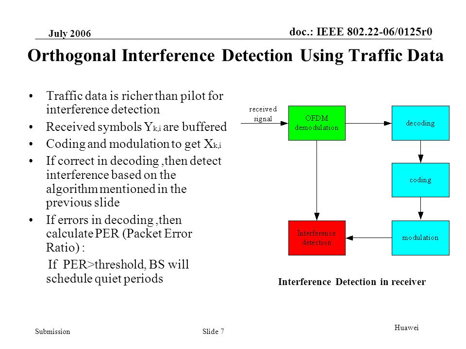 doc.: IEEE /0125r0 Submission July 2006 Slide 7 Huawei Orthogonal Interference Detection Using Traffic Data Traffic data is richer than pilot for interference detection Received symbols Y k,i are buffered Coding and modulation to get X k,i If correct in decoding,then detect interference based on the algorithm mentioned in the previous slide If errors in decoding,then calculate PER (Packet Error Ratio) : If PER>threshold, BS will schedule quiet periods Interference Detection in receiver