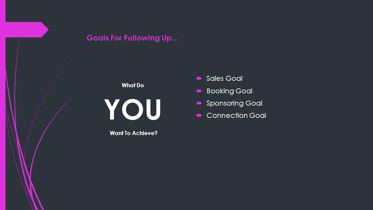 Goals For Following Up…  Sales Goal  Booking Goal  Sponsoring Goal  Connection Goal What Do YOU Want To Achieve