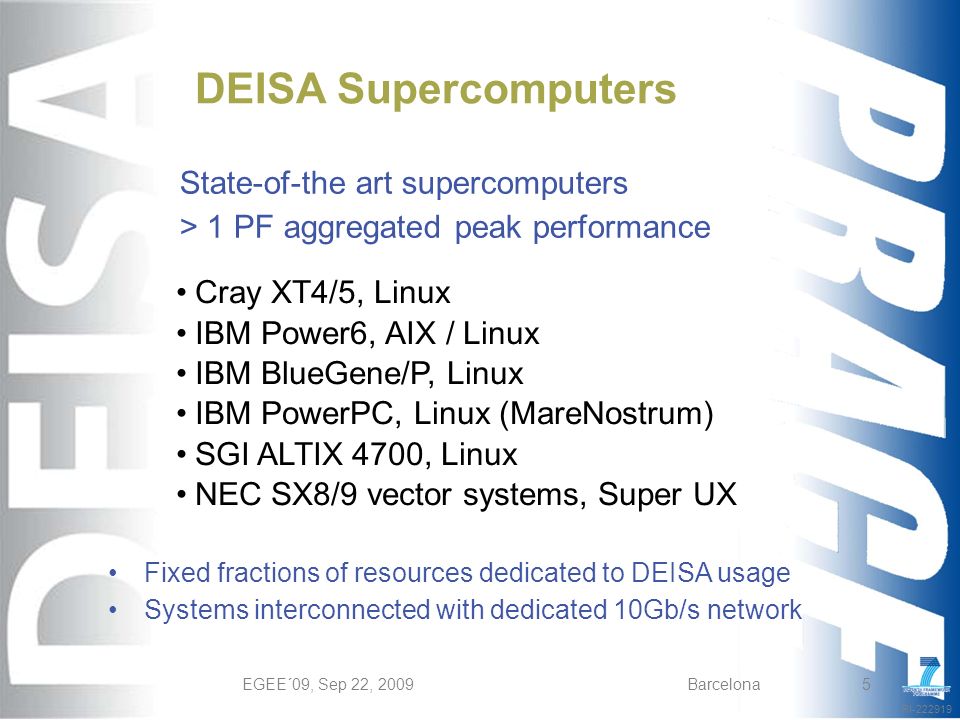 RI EGEE´09, Sep 22, 2009Barcelona5 DEISA Supercomputers State-of-the art supercomputers > 1 PF aggregated peak performance Cray XT4/5, Linux IBM Power6, AIX / Linux IBM BlueGene/P, Linux IBM PowerPC, Linux (MareNostrum) SGI ALTIX 4700, Linux NEC SX8/9 vector systems, Super UX Fixed fractions of resources dedicated to DEISA usage Systems interconnected with dedicated 10Gb/s network