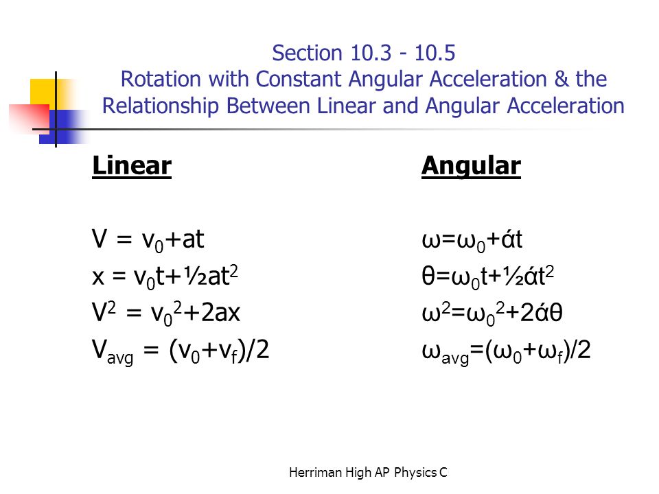 Section Rotation with Constant Angular Acceleration & the Relationship Between Linear and Angular Acceleration LinearAngular V = v 0 +at ω=ω 0 +άt x = v 0 t+½at 2 θ =ω 0 t+½άt 2 V 2 = v ax ω 2 =ω άθ V avg = (v 0 +v f )/2 ω avg =(ω 0 +ω f )/2 Herriman High AP Physics C
