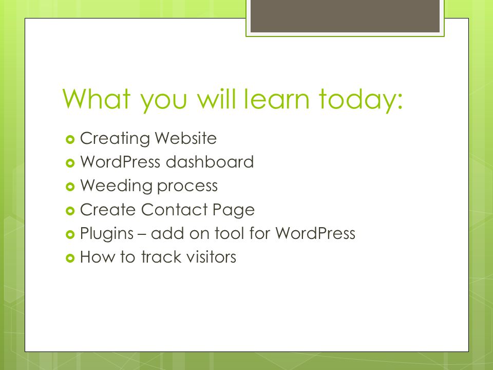 What you will learn today:  Creating Website  WordPress dashboard  Weeding process  Create Contact Page  Plugins – add on tool for WordPress  How to track visitors