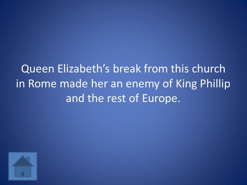 Queen Elizabeth’s break from this church in Rome made her an enemy of King Phillip and the rest of Europe.