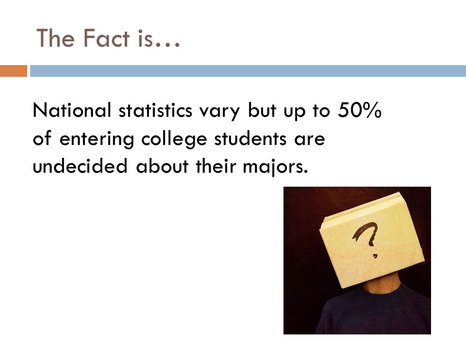 The Fact is… National statistics vary but up to 50% of entering college students are undecided about their majors.