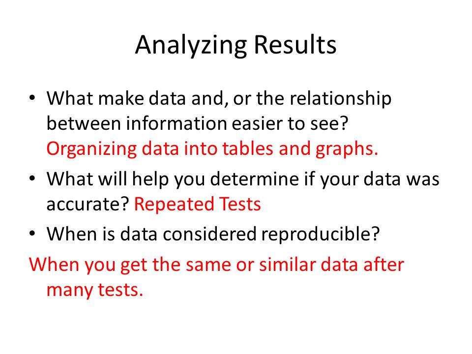 Analyzing Results What make data and, or the relationship between information easier to see.