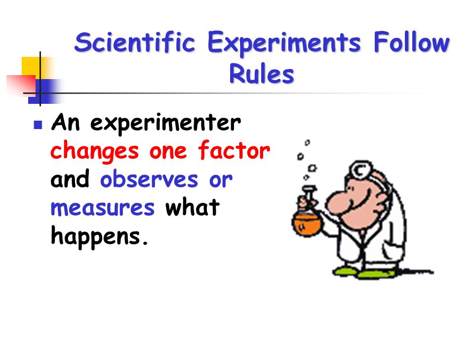 Scientific Experiments Follow Rules An experimenter changes one factor and observes or measures what happens.