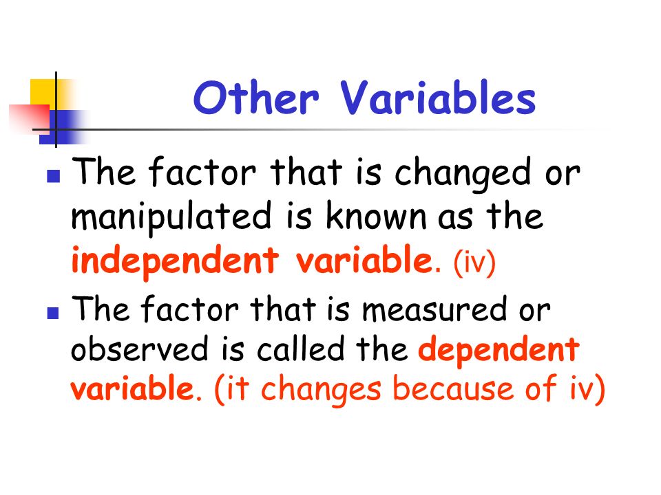 Other Variables The factor that is changed or manipulated is known as the independent variable.