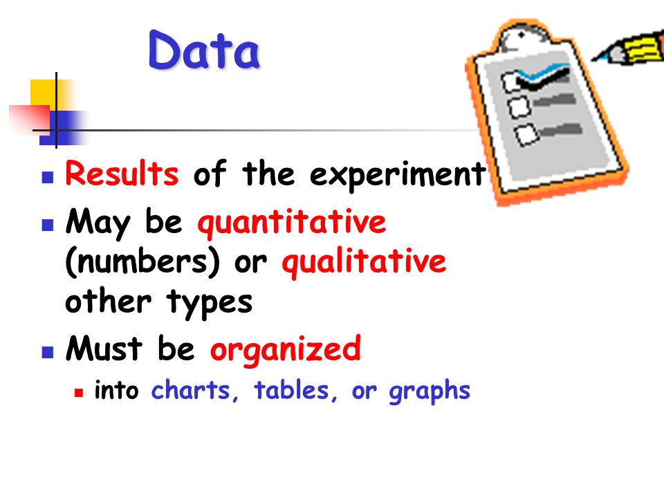 Data Results of the experiment May be quantitative (numbers) or qualitative other types Must be organized into charts, tables, or graphs