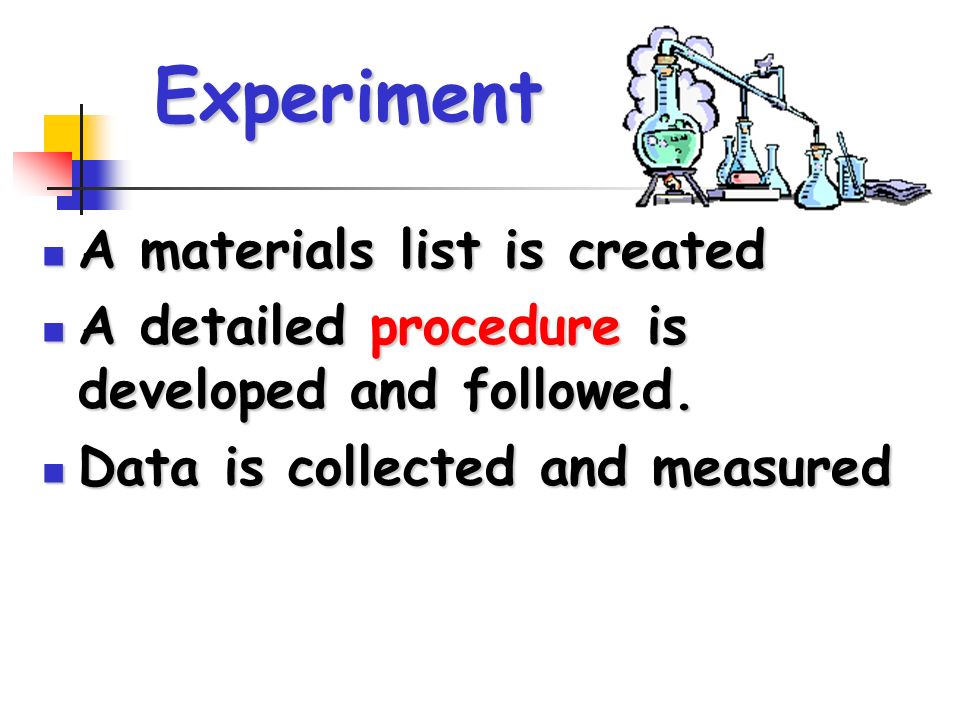 Experiment A materials list is created A materials list is created A detailed procedure is developed and followed.
