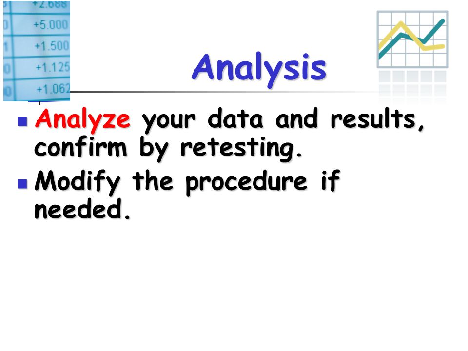Analysis Analyze your data and results, confirm by retesting.