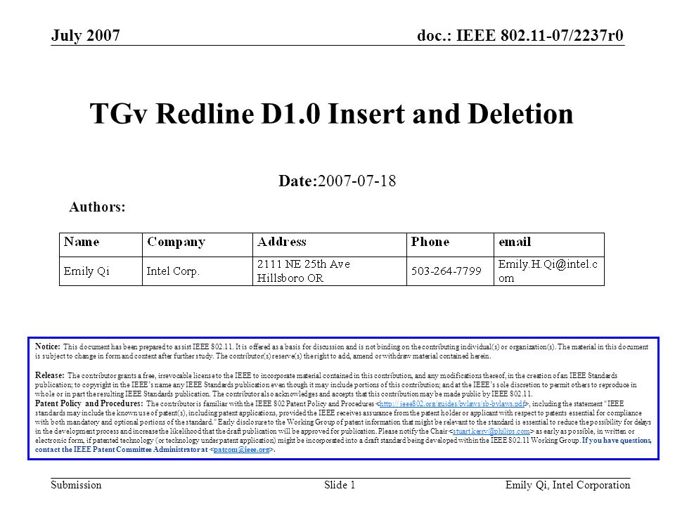 doc.: IEEE /2237r0 Submission July 2007 Emily Qi, Intel CorporationSlide 1 TGv Redline D1.0 Insert and Deletion Notice: This document has been prepared to assist IEEE