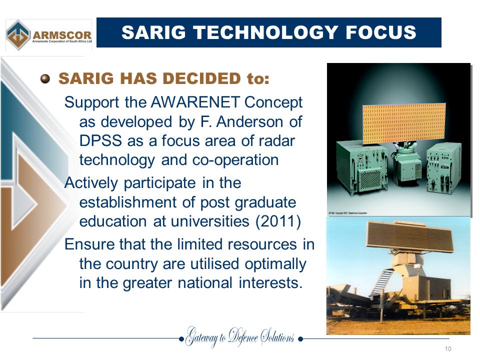 10 SARIG TECHNOLOGY FOCUS SARIG HAS DECIDED to: Support the AWARENET Concept as developed by F.