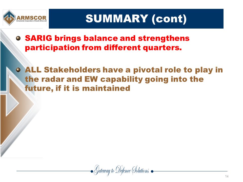 14 SUMMARY (cont) SARIG brings balance and strengthens participation from different quarters.