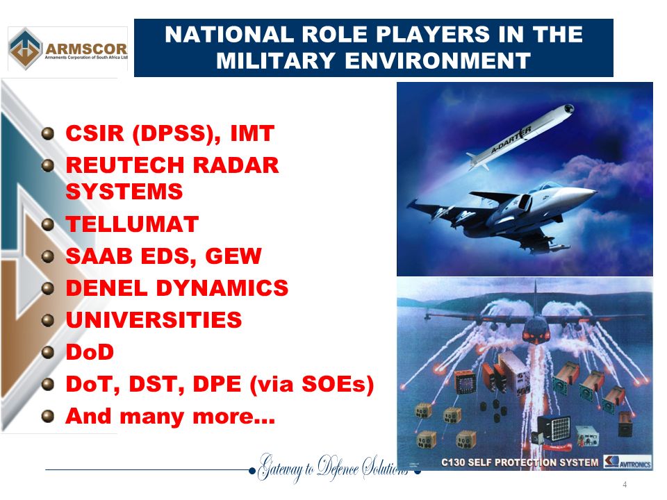 4 NATIONAL ROLE PLAYERS IN THE MILITARY ENVIRONMENT CSIR (DPSS), IMT REUTECH RADAR SYSTEMS TELLUMAT SAAB EDS, GEW DENEL DYNAMICS UNIVERSITIES DoD DoT, DST, DPE (via SOEs) And many more…