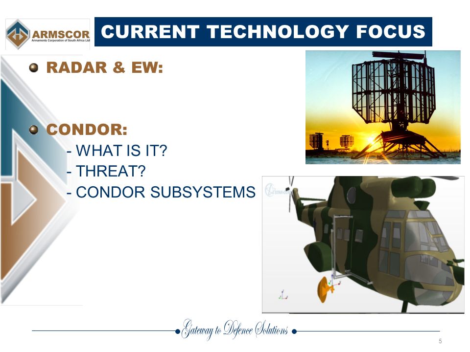 5 CURRENT TECHNOLOGY FOCUS RADAR & EW: CONDOR: - WHAT IS IT - THREAT - CONDOR SUBSYSTEMS