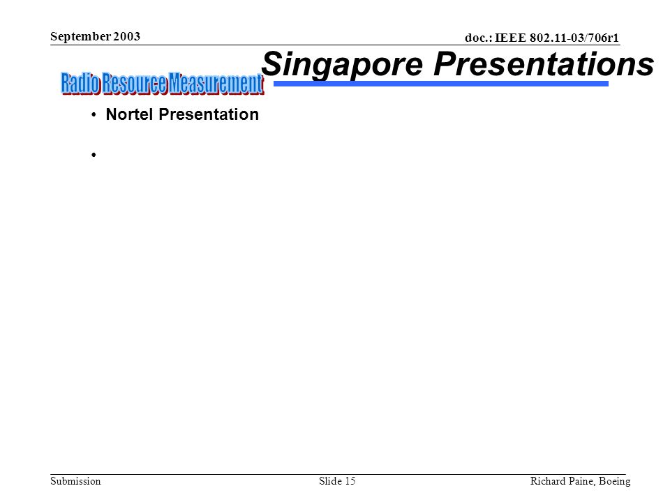 doc.: IEEE /706r1 Submission September 2003 Richard Paine, BoeingSlide 15 Singapore Presentations Nortel Presentation