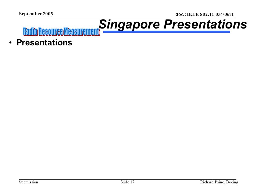 doc.: IEEE /706r1 Submission September 2003 Richard Paine, BoeingSlide 17 Presentations Singapore Presentations