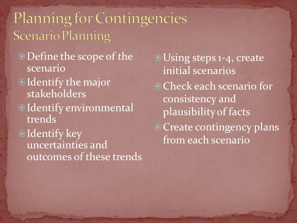  Define the scope of the scenario  Identify the major stakeholders  Identify environmental trends  Identify key uncertainties and outcomes of these trends  Using steps 1-4, create initial scenarios  Check each scenario for consistency and plausibility of facts  Create contingency plans from each scenario