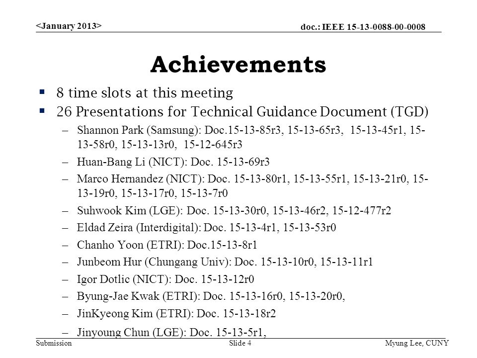 doc.: IEEE Submission Achievements  8 time slots at this meeting  26 Presentations for Technical Guidance Document (TGD) –Shannon Park (Samsung): Doc r3, r3, r1, r0, r0, r3 –Huan-Bang Li (NICT): Doc.