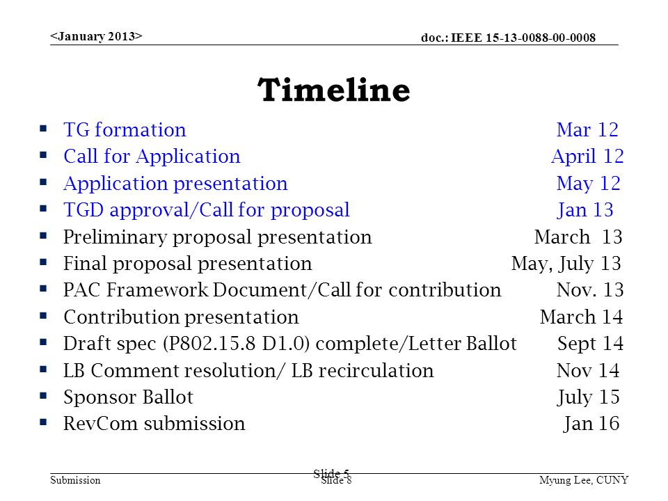 doc.: IEEE Submission Timeline  TG formation Mar 12  Call for Application April 12  Application presentation May 12  TGD approval/Call for proposal Jan 13  Preliminary proposal presentation March 13  Final proposal presentation May, July 13  PAC Framework Document/Call for contribution Nov.