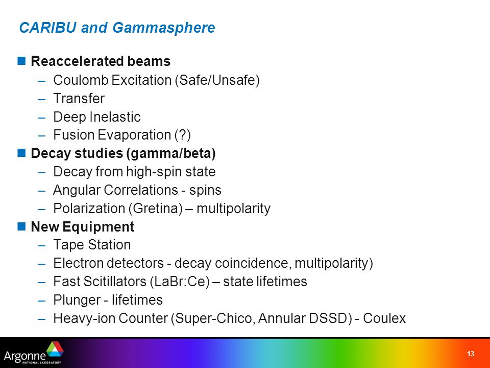 13 CARIBU and Gammasphere Reaccelerated beams –Coulomb Excitation (Safe/Unsafe)‏ –Transfer –Deep Inelastic –Fusion Evaporation ( )‏ Decay studies (gamma/beta)‏ –Decay from high-spin state –Angular Correlations - spins –Polarization (Gretina) – multipolarity New Equipment –Tape Station –Electron detectors - decay coincidence, multipolarity)‏ –Fast Scitillators (LaBr:Ce) – state lifetimes –Plunger - lifetimes –Heavy-ion Counter (Super-Chico, Annular DSSD) - Coulex