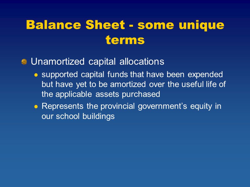 Balance Sheet - some unique terms Unamortized capital allocations supported capital funds that have been expended but have yet to be amortized over the useful life of the applicable assets purchased Represents the provincial government’s equity in our school buildings