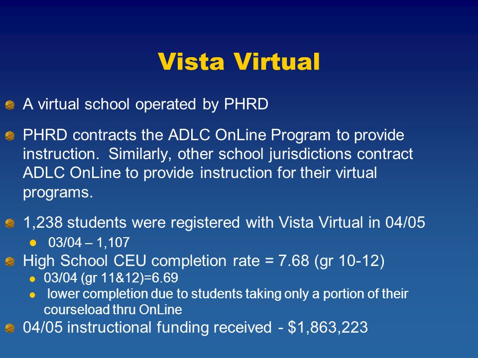 Vista Virtual A virtual school operated by PHRD PHRD contracts the ADLC OnLine Program to provide instruction.