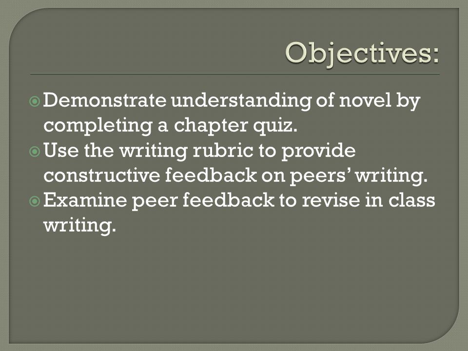  Demonstrate understanding of novel by completing a chapter quiz.