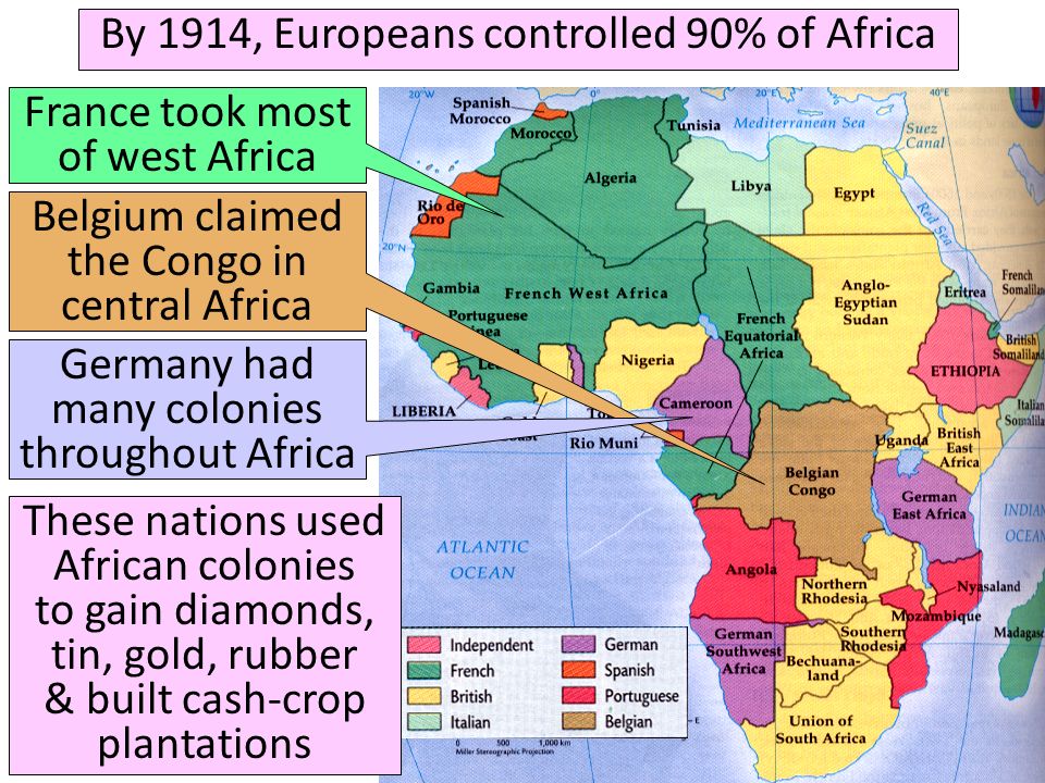 By 1914, Europeans controlled 90% of Africa France took most of west Africa Belgium claimed the Congo in central Africa Germany had many colonies throughout Africa These nations used African colonies to gain diamonds, tin, gold, rubber & built cash-crop plantations