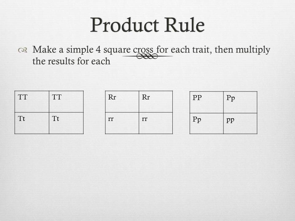 Product RuleProduct Rule  Make a simple 4 square cross for each trait, then multiply the results for each PPPp pp Rr rr TT Tt