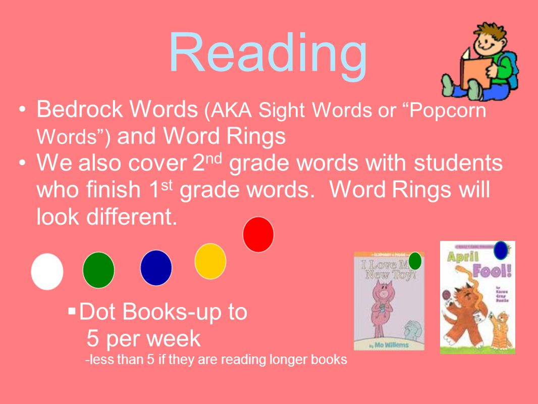 Reading Bedrock Words (AKA Sight Words or Popcorn Words ) and Word Rings We also cover 2 nd grade words with students who finish 1 st grade words.