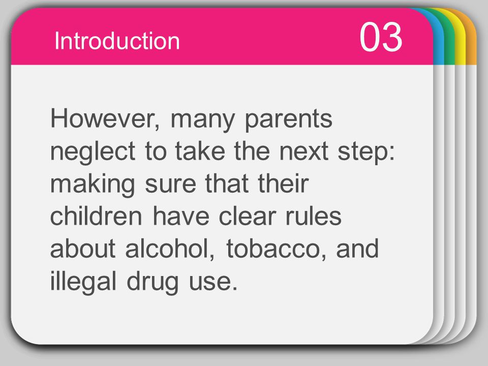 WINTER Template 03 Introduction However, many parents neglect to take the next step: making sure that their children have clear rules about alcohol, tobacco, and illegal drug use.
