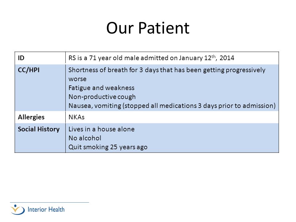 Our Patient IDRS is a 71 year old male admitted on January 12 th, 2014 CC/HPIShortness of breath for 3 days that has been getting progressively worse Fatigue and weakness Non-productive cough Nausea, vomiting (stopped all medications 3 days prior to admission) AllergiesNKAs Social HistoryLives in a house alone No alcohol Quit smoking 25 years ago