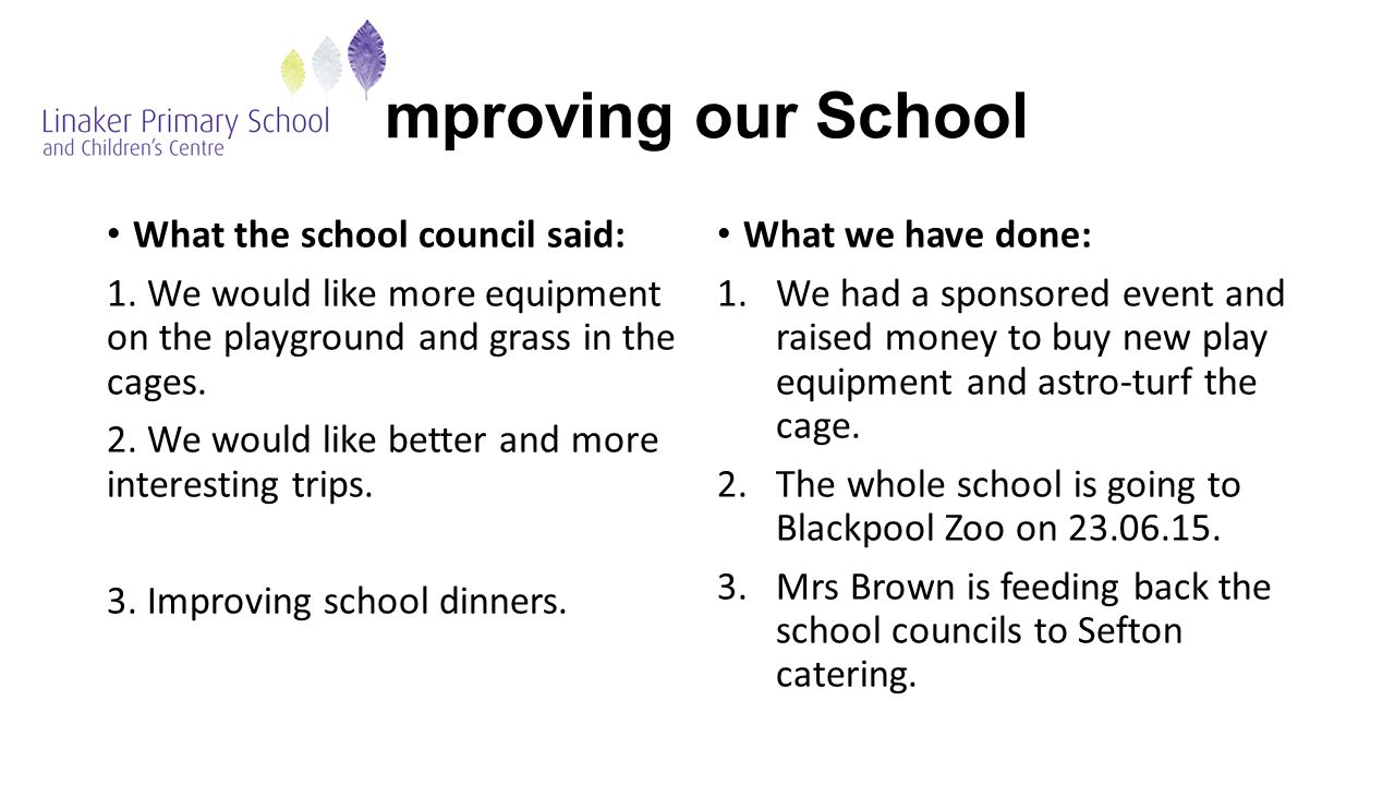 Meet our school council Teachers are always improving things. We get taught  things we need to know All staff take care of you. Lessons are fun,  interesting. - ppt download
